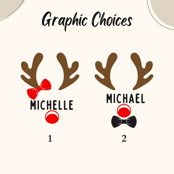 two graphic choices featuring reindeer antlers and bow ties, with the names Michelle and Michael.