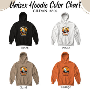 a color chart for unisex hoodies, featuring four different color options: black, white, brown, and orange.