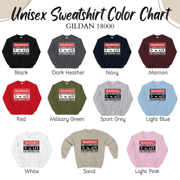a color chart for a unisex sweatshirt, with various color options available.