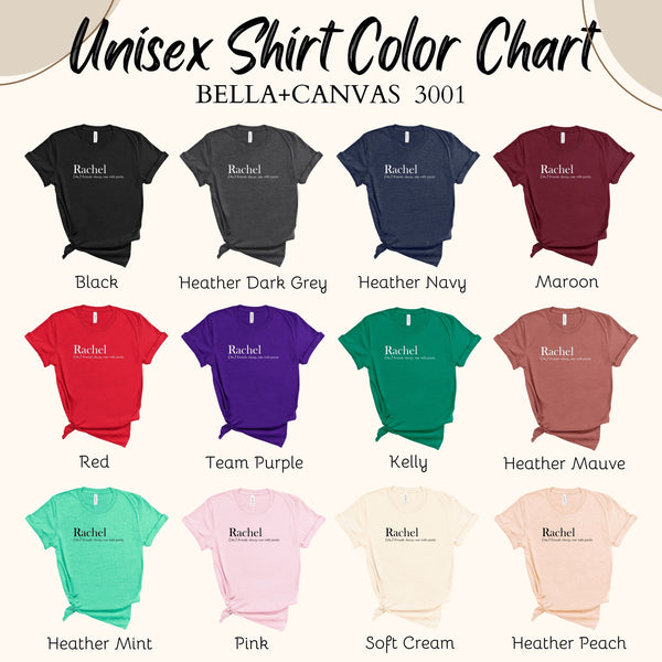 The image is a color chart displaying various unisex t-shirt colors, including black, grey, navy, maroon, red, purple, pink, soft cream, and peach.
