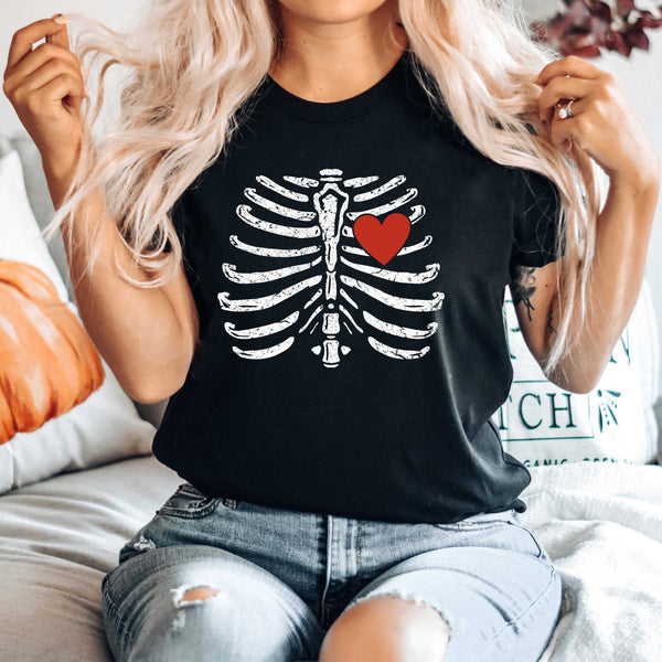 Skeleton Heart Shirt – Distressed Rib Cage Halloween Tee