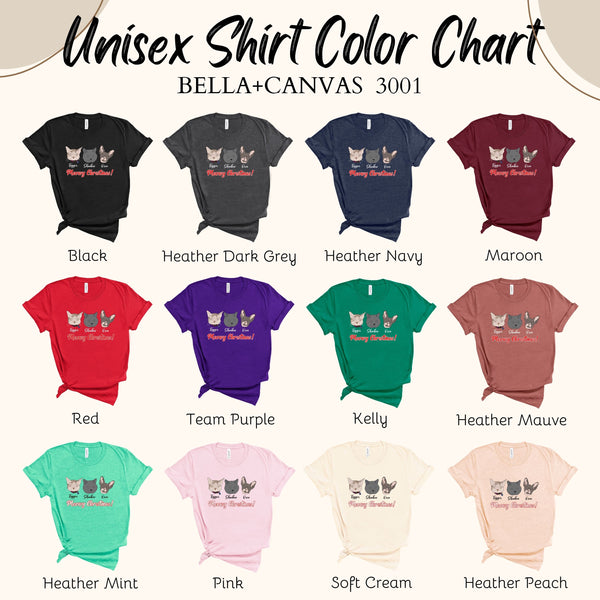 a color chart for a unisex t-shirt, showing various color options along with their corresponding t-shirt designs.