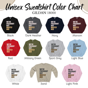 a color chart for a unisex sweatshirt, with various color options available.