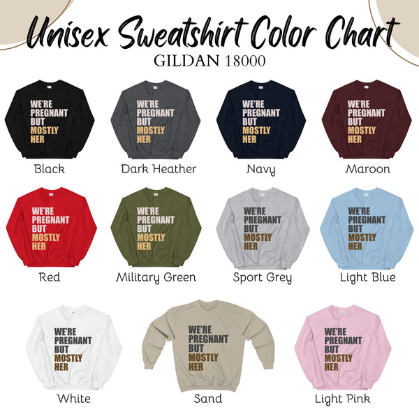 a color chart for a unisex sweatshirt, with various color options available.