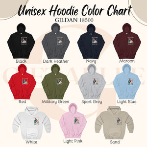 a color chart for unisex hoodies, featuring various color options such as black, dark heather, navy, maroon, red, military green, sport grey, light blue, pink, white, light pink, and sand.