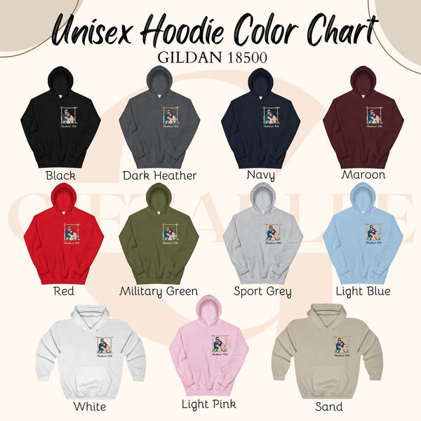 a color chart for unisex hoodies, featuring various color options such as black, dark heather, navy, maroon, red, military green, sport grey, light blue, pink, white, light pink, and sand.