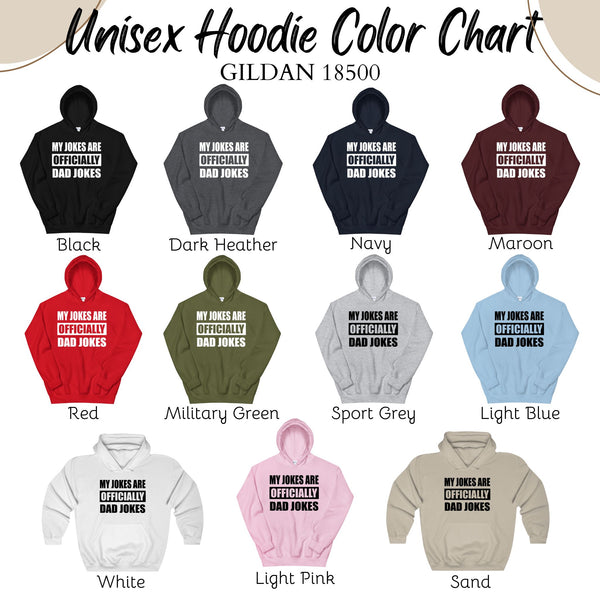 a color chart for unisex hoodies, featuring various colors and styles.