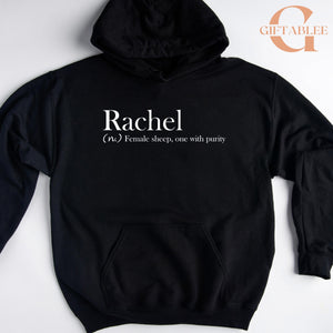 A black hoodie with the word "Rachel" printed on it.