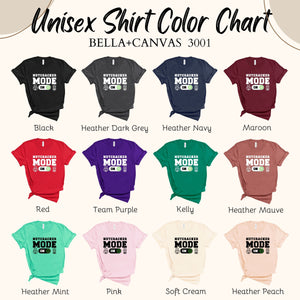 a color chart for a unisex t-shirt, showing various color options available for the shirt.