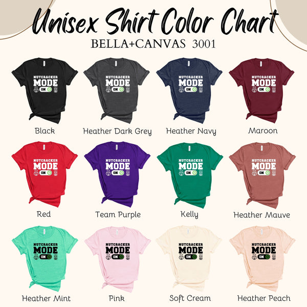 a color chart for a unisex t-shirt, showing various color options available for the shirt.