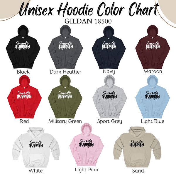 a color chart for unisex hoodies, featuring various color options such as black, dark heather, navy, maroon, red, military green, sport grey, light blue, pink, and sand.