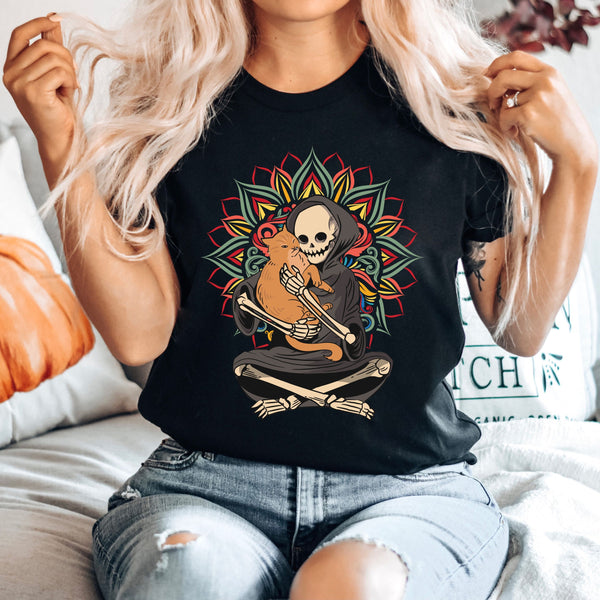 Cat And Skeleton Shirt – Gothic Halloween Graphic Tee