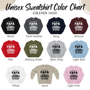 a color chart for a unisex sweatshirt, with various color options available.