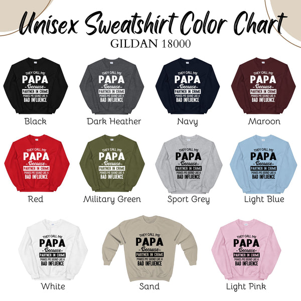 a color chart for a unisex sweatshirt, with various color options available.