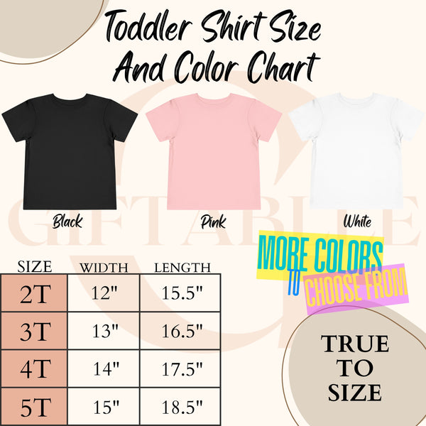 The image is a toddler shirt size and color chart, displaying three different colored t-shirts (black, pink, white) along with their corresponding sizes and widths.