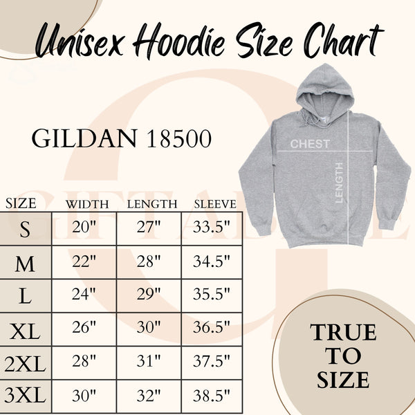 The image is a size chart for a GILDA 1800 hoodie. It provides measurements for different sizes, including S, M, L, XS, 2XL, and 3XL. The chart includes a labeled table with the size on the left and the corresponding measurements on the right. The chart also includes a labeled circle with the text "TRUE TO SIZE" indicating the correct size for the hoodie.