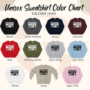 a color chart for a unisex sweatshirt, showing various color options and corresponding styles.