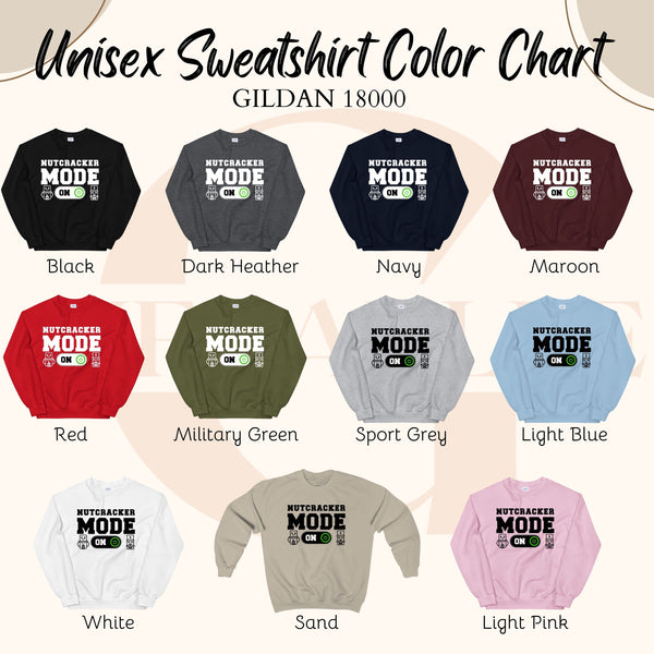 a color chart for a unisex sweatshirt, showing various color options and corresponding styles.