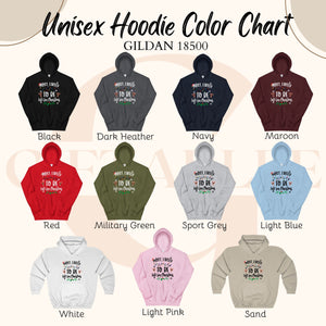 a color chart for unisex hoodies, featuring various colors and styles.