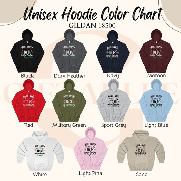 a color chart for unisex hoodies, featuring various colors and styles.