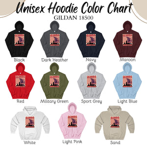 a color chart for unisex hoodies, featuring various color options such as black, dark heather, navy, maroon, red, military green, sport grey, light blue, white, light pink, and sand.
