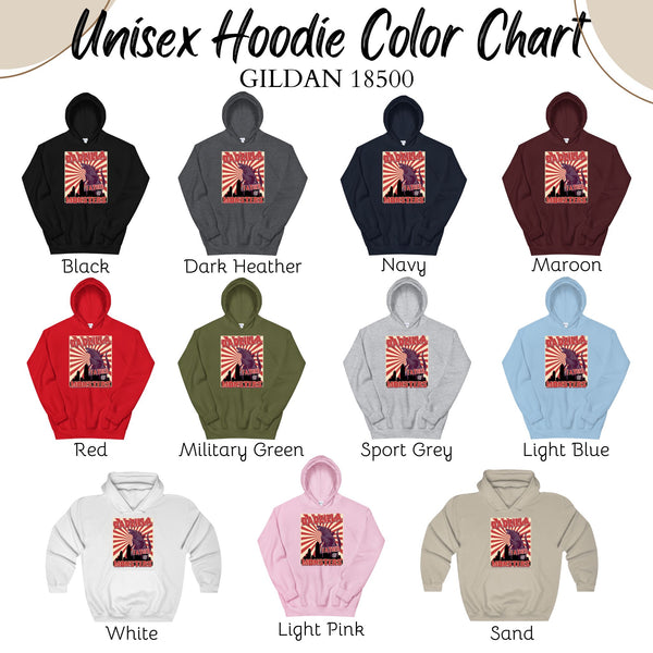 a color chart for unisex hoodies, featuring various color options such as black, dark heather, navy, maroon, red, military green, sport grey, light blue, white, light pink, and sand.