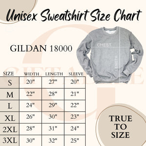 The image is a size chart for a GILDA 1800 sweatshirt, which is a type of unisex sweatshirt. The chart provides measurements for different sizes, including S, M, L, XL, and 3XL, along with corresponding widths and lengths. The chart is designed to help customers determine the appropriate size for their sweatshirt based on their height and body measurements.