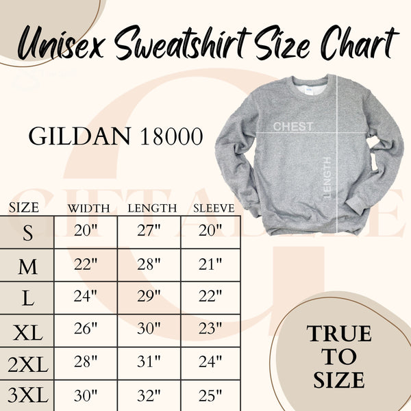 The image is a size chart for a GILDA 1800 sweatshirt, which is a type of unisex sweatshirt. The chart provides measurements for different sizes, including S, M, L, XL, and 3XL, along with corresponding widths and lengths. The chart is designed to help customers determine the appropriate size for their sweatshirt based on their height and body measurements.