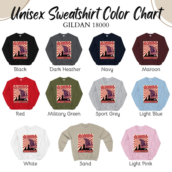 The image is a color chart for a unisex sweatshirt, displaying various color options along with the corresponding color name.